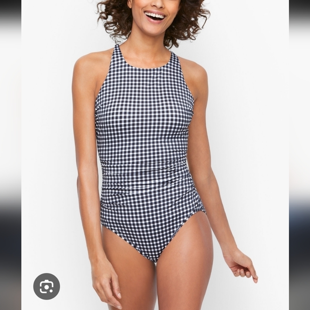 Miraclesuit X Talbots Gingham High Neck One Piece Swimsuit Blue Size 14 New